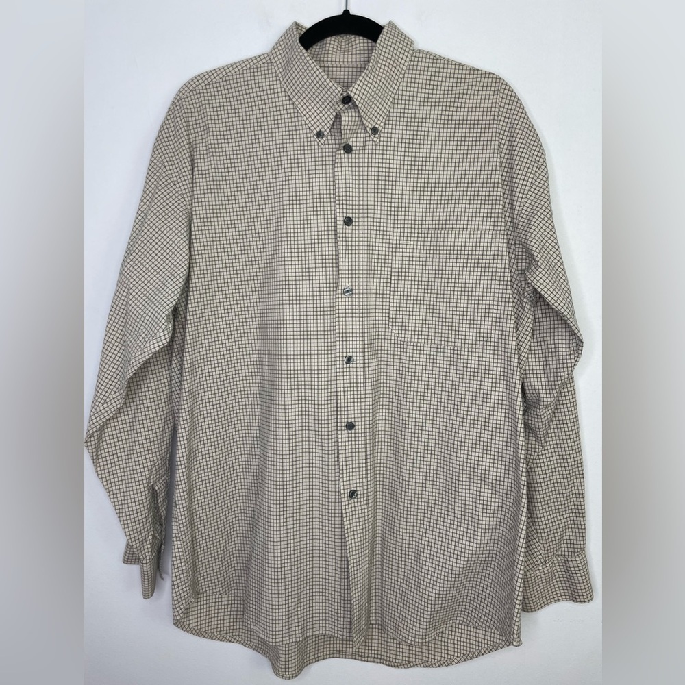 Cacharel designer plaid grid neutral buttons shirt